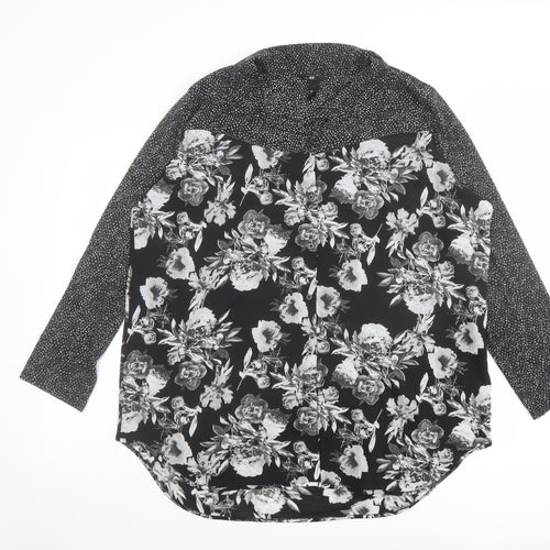 H&M Womens Black Floral Polyester Basic Blouse Size L Collared