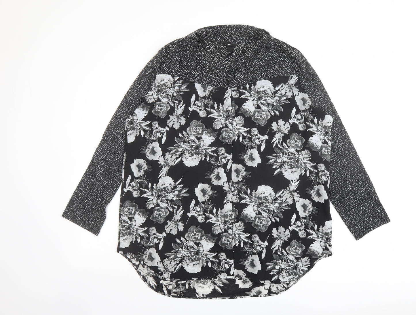 H&M Womens Black Floral Polyester Basic Blouse Size L Collared