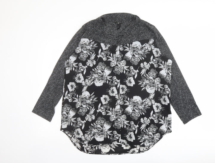 H&M Womens Black Floral Polyester Basic Blouse Size L Collared