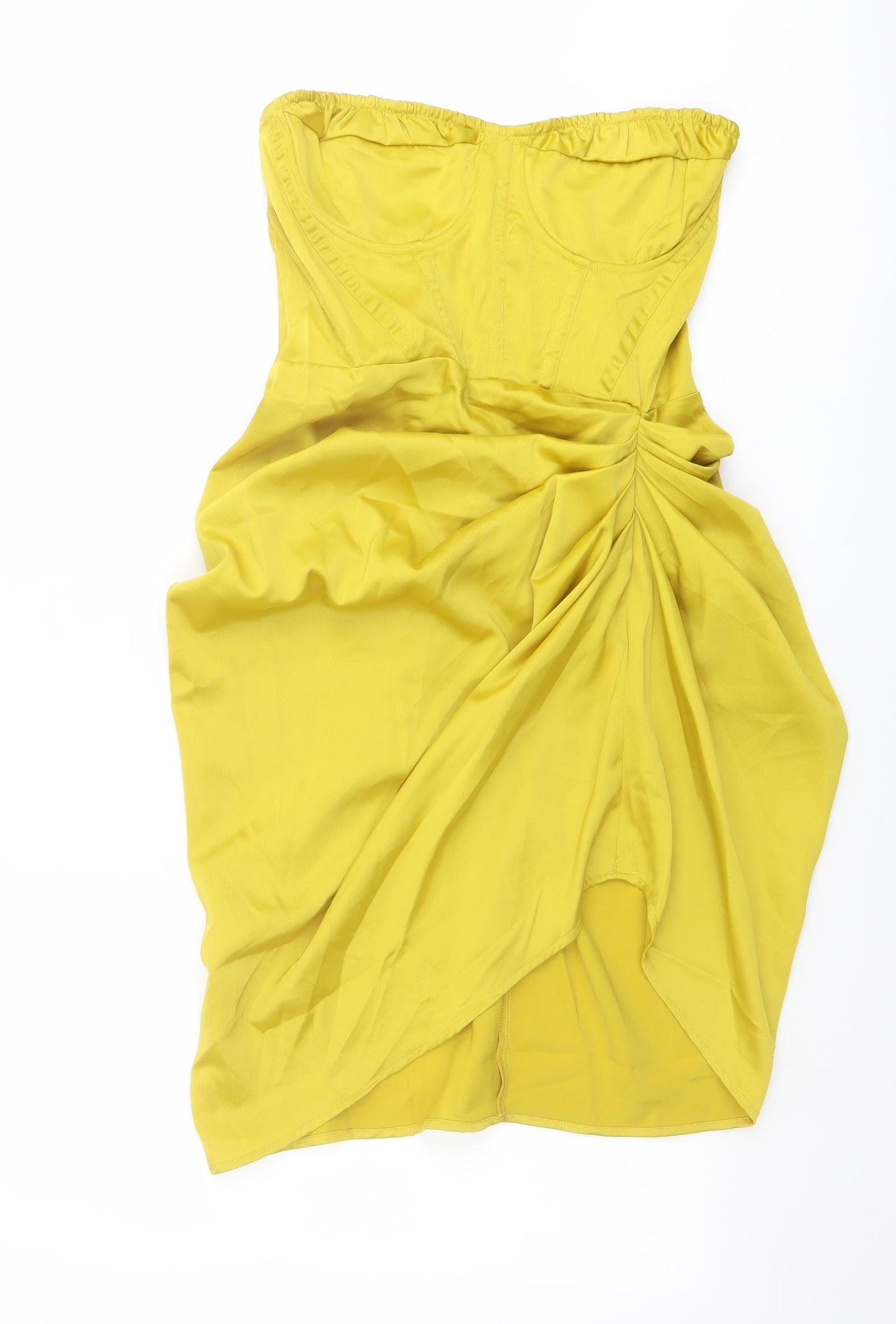 PRETTYLITTLETHING Womens Yellow Polyester A-Line Size 10 Off the Shoulder Zip