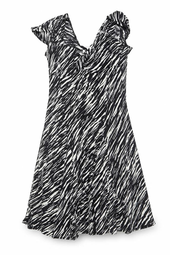 Front view of Annabelle women’s black animal print polyester trapeze & swing, size UK 14, v-neck pullover - zebra pattern