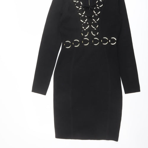 Allyson Womens Black Viscose Pencil Dress Size S V-Neck Zip