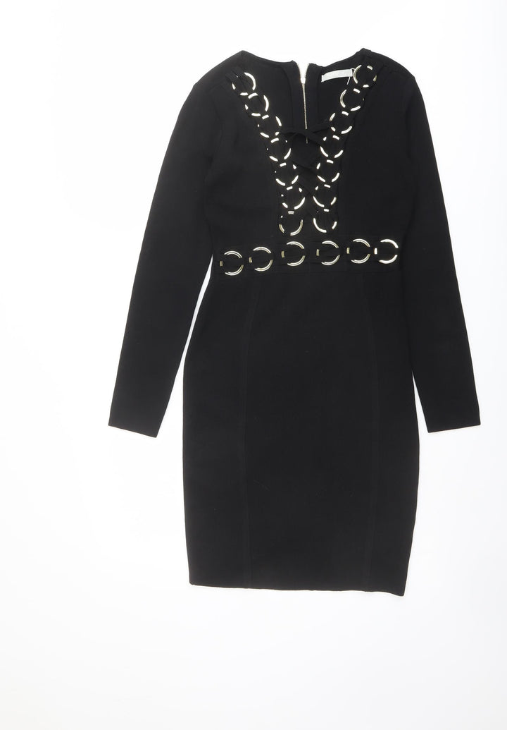 Allyson Womens Black Viscose Pencil Dress Size S V-Neck Zip