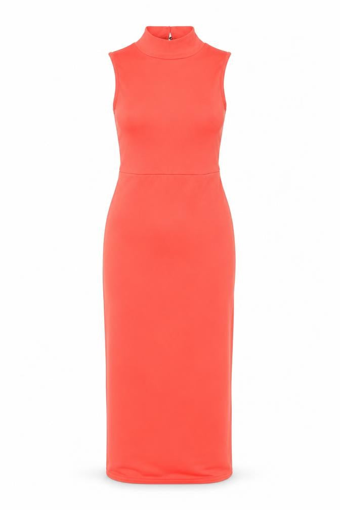 Front view of Public Desire women’s orange polyester bodycon, size UK 6, mock neck button
