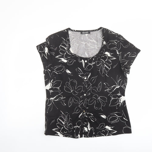 Alexara Womens Black Floral Linen Basic T-Shirt Size L Round Neck