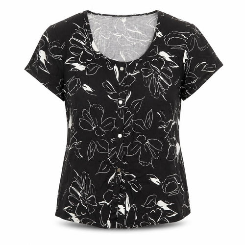 Alexara Womens Black Floral Linen Basic T-Shirt Size L Round Neck