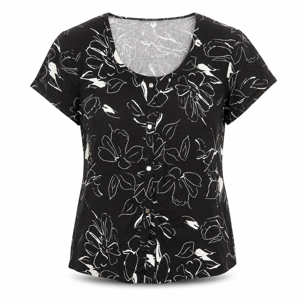 Alexara Womens Black Floral Linen Basic T-Shirt Size L Round Neck