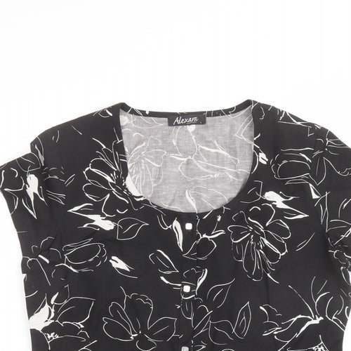 Alexara Womens Black Floral Linen Basic T-Shirt Size L Round Neck