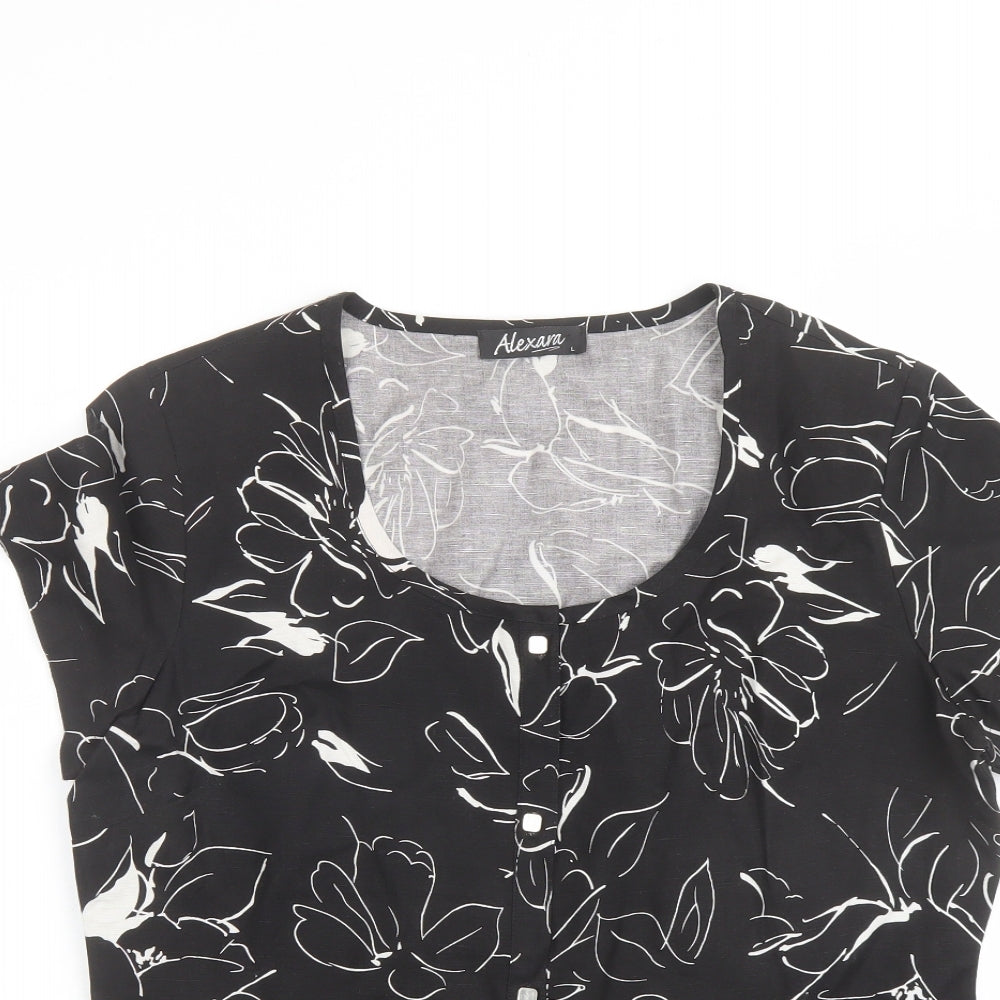 Alexara Womens Black Floral Linen Basic T-Shirt Size L Round Neck