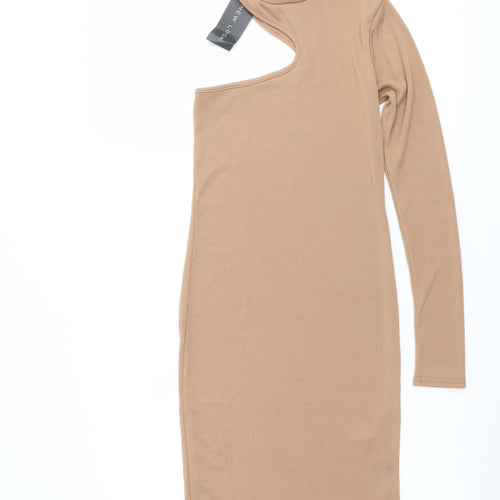 New Look Womens Beige Polyester Bodycon Size 6 One Shoulder Pullover