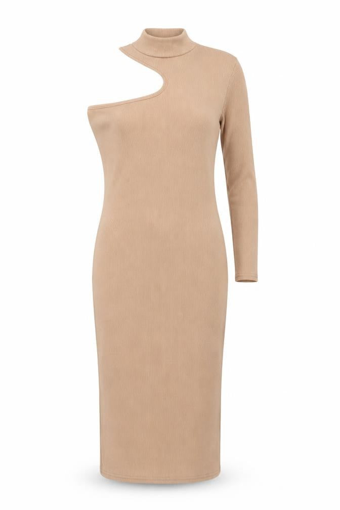 Front view of New Look women’s beige polyester bodycon, size UK 6, one shoulder pullover