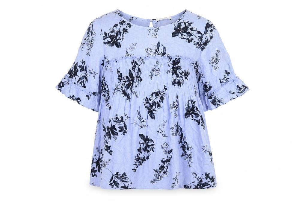 Front view of Per Una women’s blue floral viscose basic blouse, size UK 8, round neck