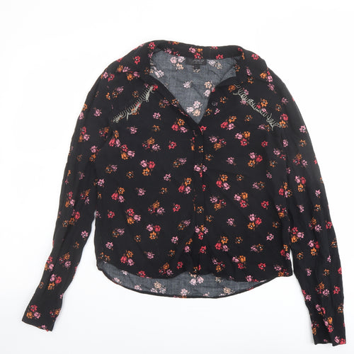 Topshop Womens Black Floral Viscose Basic Button-Up Size 10 Collared