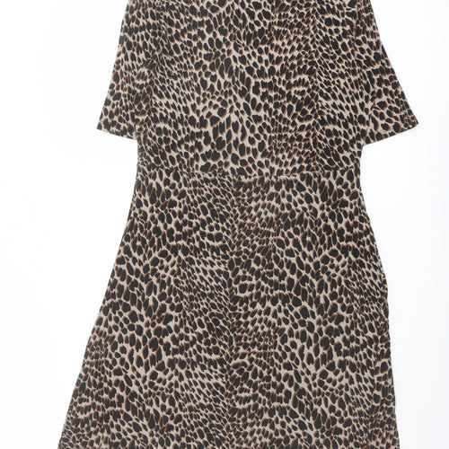 Warehouse Womens Brown Animal Print Viscose A-Line Size 14 Round Neck Pullover - Leopard pattern