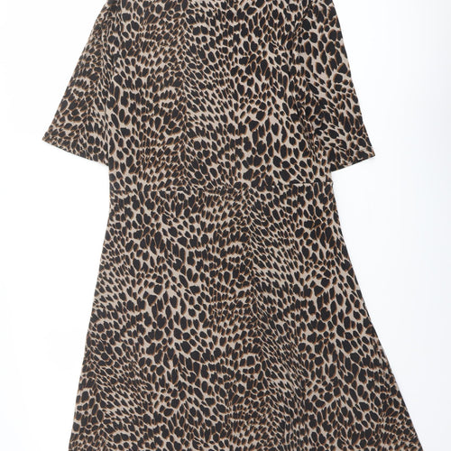 Warehouse Womens Brown Animal Print Viscose A-Line Size 14 Round Neck Pullover - Leopard pattern