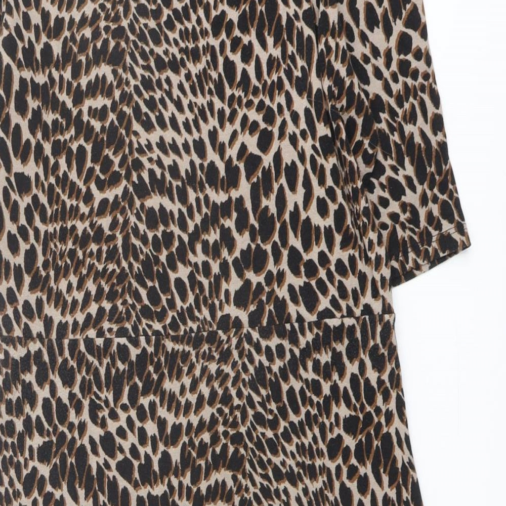 Warehouse Womens Brown Animal Print Viscose A-Line Size 14 Round Neck Pullover - Leopard pattern