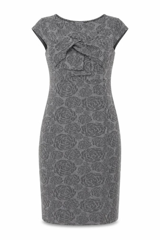 Front view of Per Una women’s grey floral polyester bodycon, size UK 14, round neck pullover - knot detail