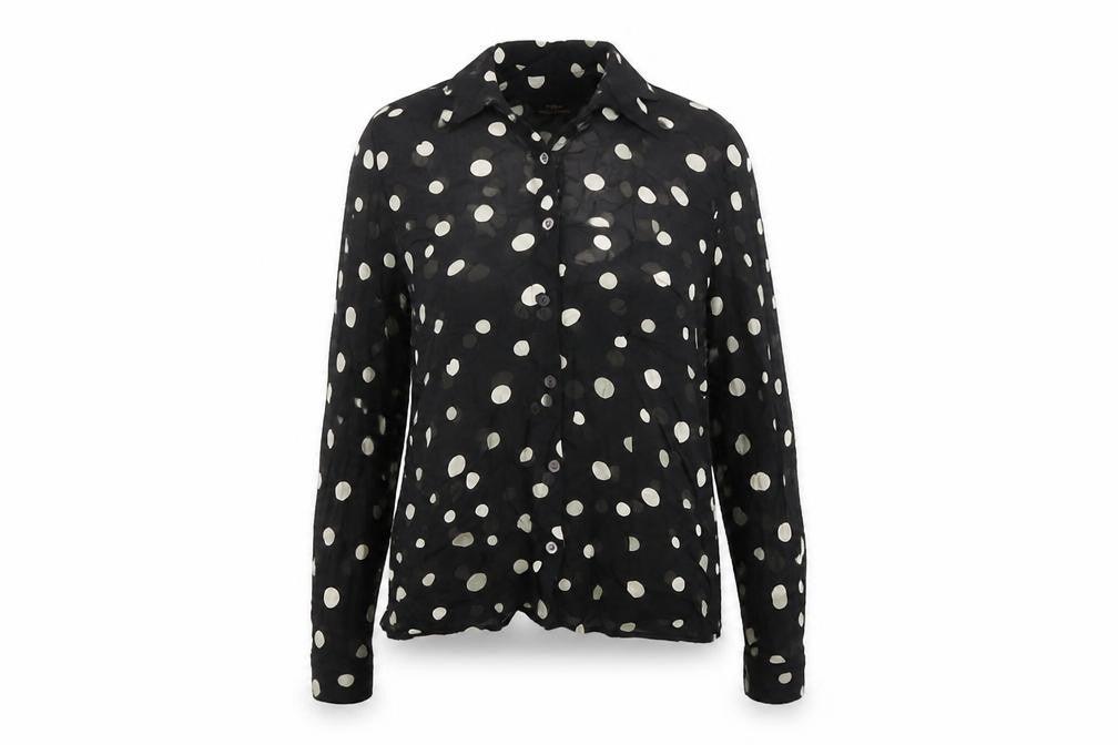 Front view of Marks & Spencer women’s black polka dot viscose basic button-up, size UK 12, collared