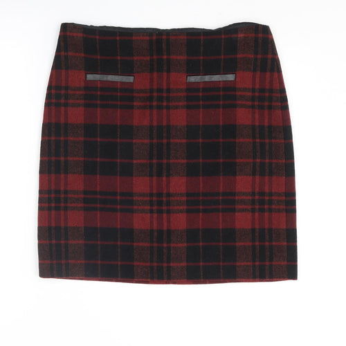 Marks and Spencer Womens Red Plaid Polyester A-Line Skirt Size 34 in Zip