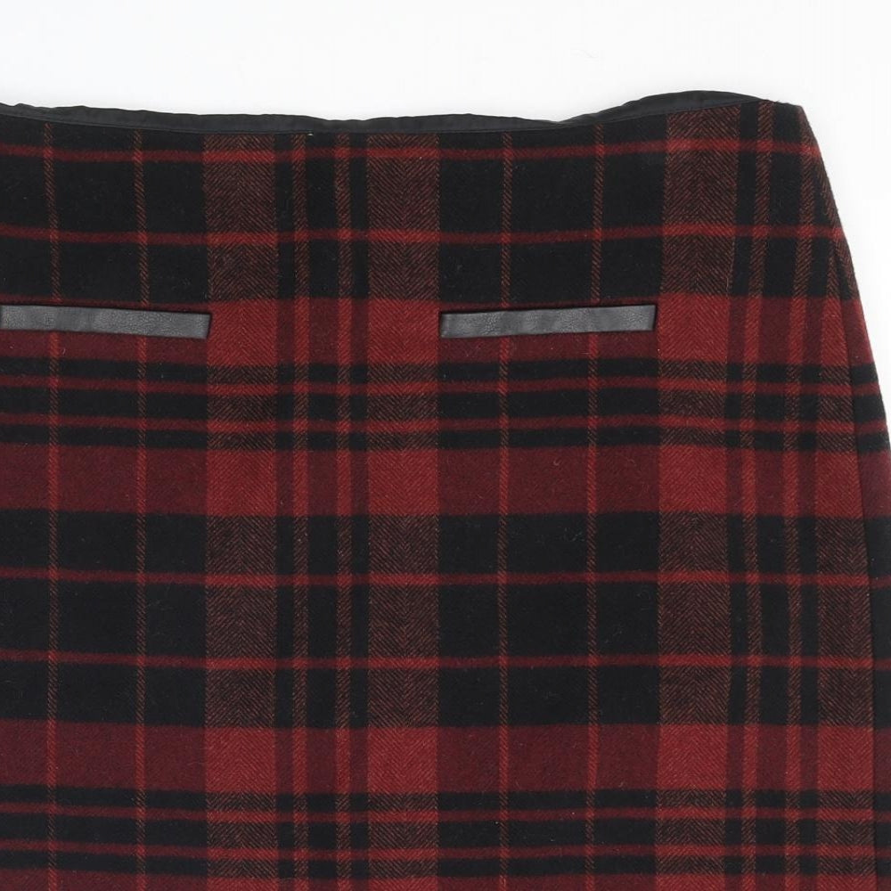 Marks and Spencer Womens Red Plaid Polyester A-Line Skirt Size 34 in Zip
