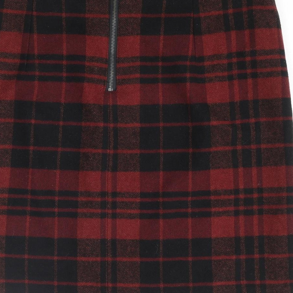 Marks and Spencer Womens Red Plaid Polyester A-Line Skirt Size 34 in Zip