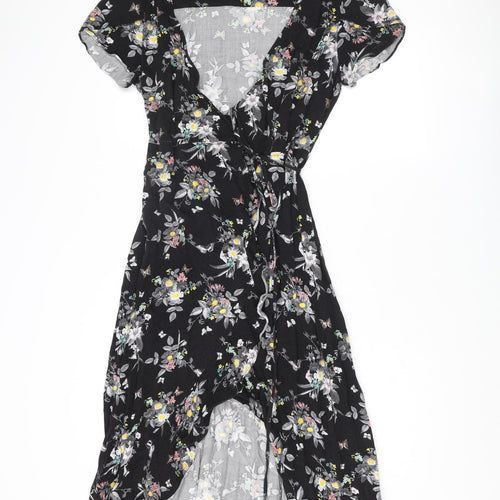 Oasis Womens Black Floral Viscose Wrap Dress Size 12 V-Neck Tie