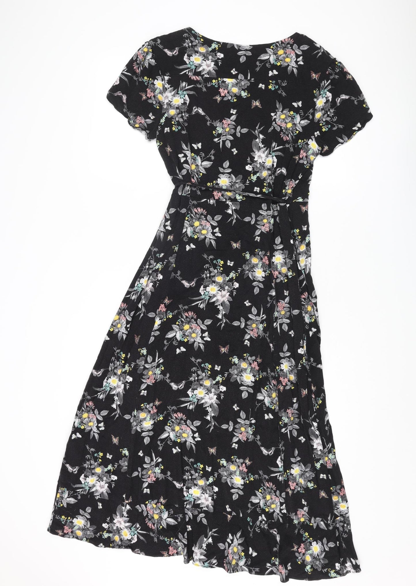 Oasis Womens Black Floral Viscose Wrap Dress Size 12 V-Neck Tie