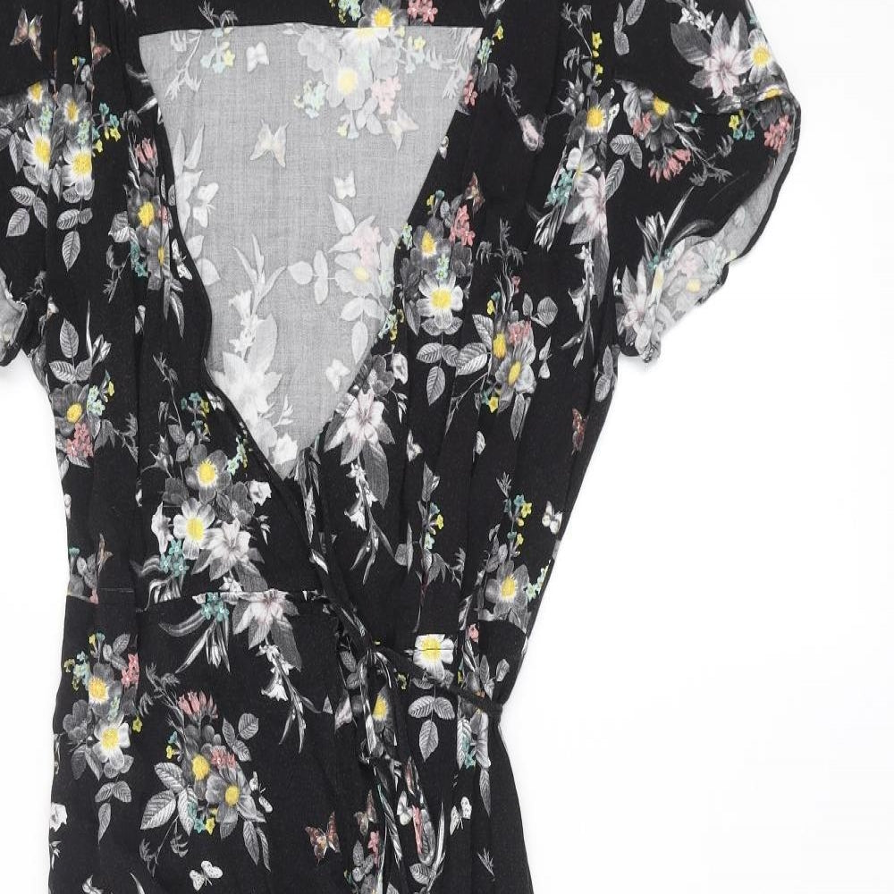 Oasis Womens Black Floral Viscose Wrap Dress Size 12 V-Neck Tie