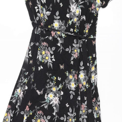 Oasis Womens Black Floral Viscose Wrap Dress Size 12 V-Neck Tie