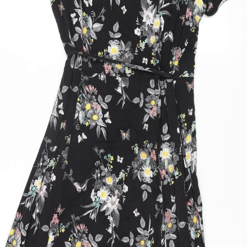 Oasis Womens Black Floral Viscose Wrap Dress Size 12 V-Neck Tie