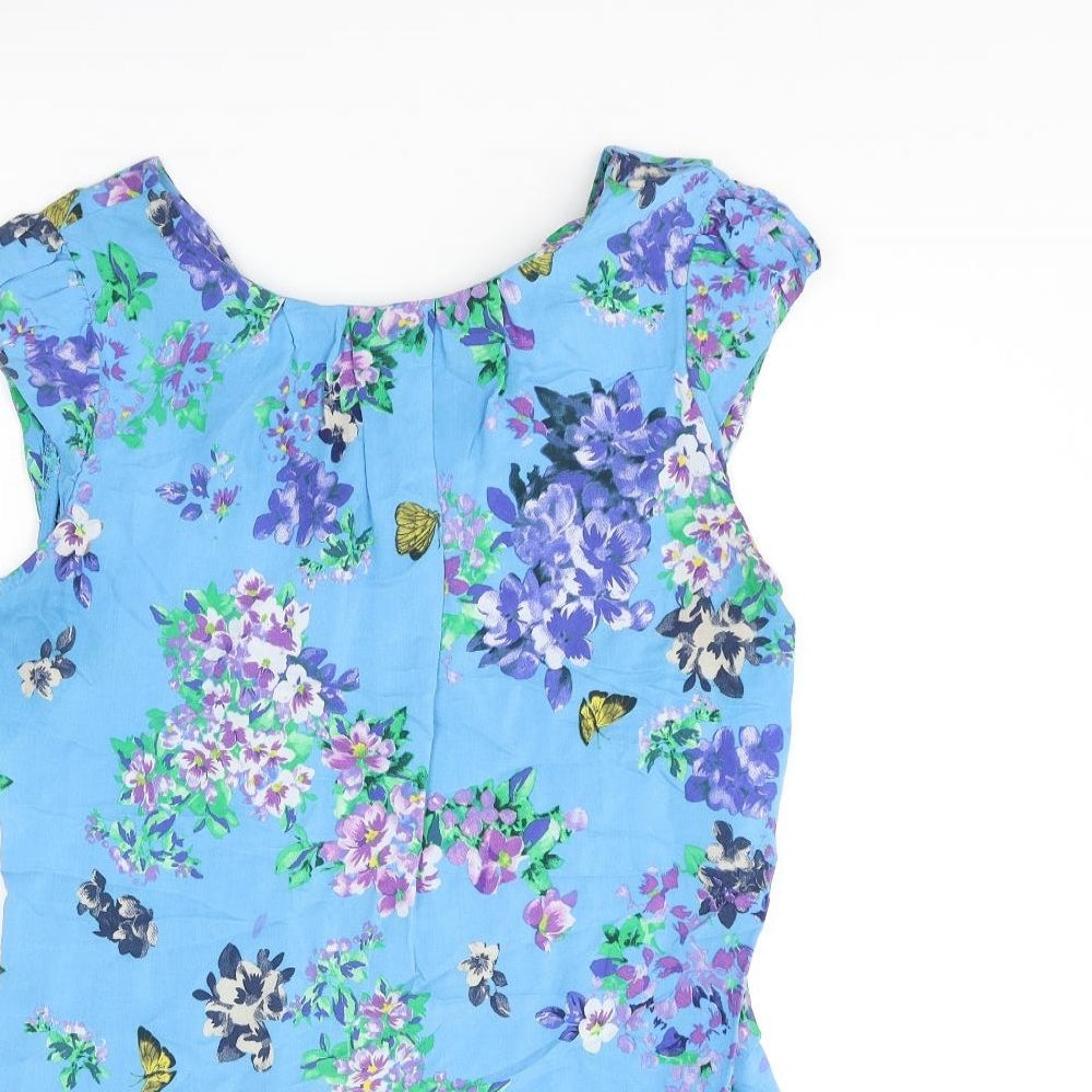 Wallis Womens Blue Floral Viscose A-Line Size 14 Boat Neck Button