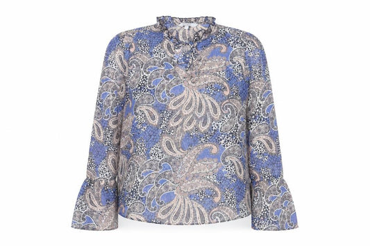 Front view of Red Herring women’s multicoloured paisley polyester basic blouse, size UK 10, round neck - frill