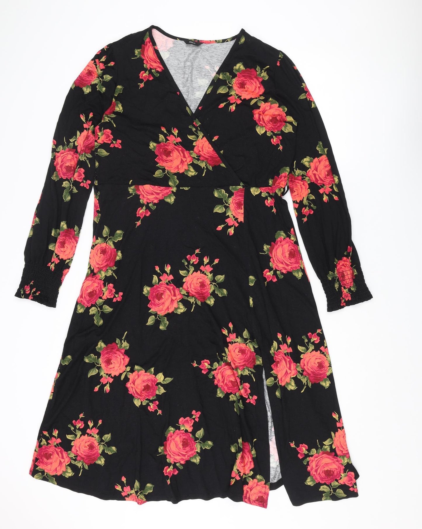 M&Co Womens Black Floral Viscose A-Line Size 14 V-Neck Pullover