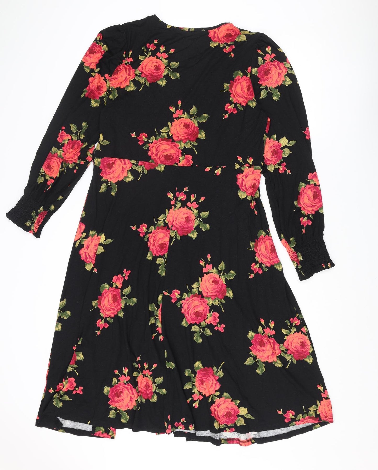 M&Co Womens Black Floral Viscose A-Line Size 14 V-Neck Pullover