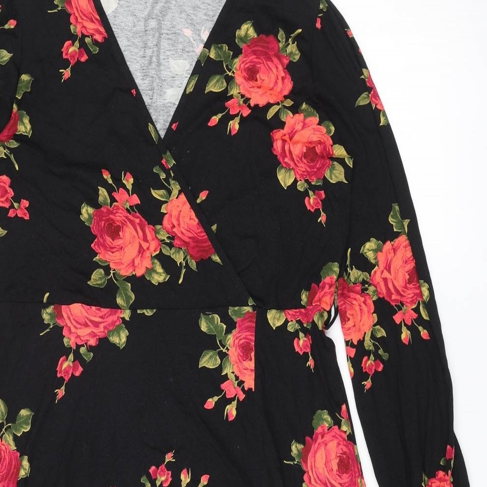 M&Co Womens Black Floral Viscose A-Line Size 14 V-Neck Pullover