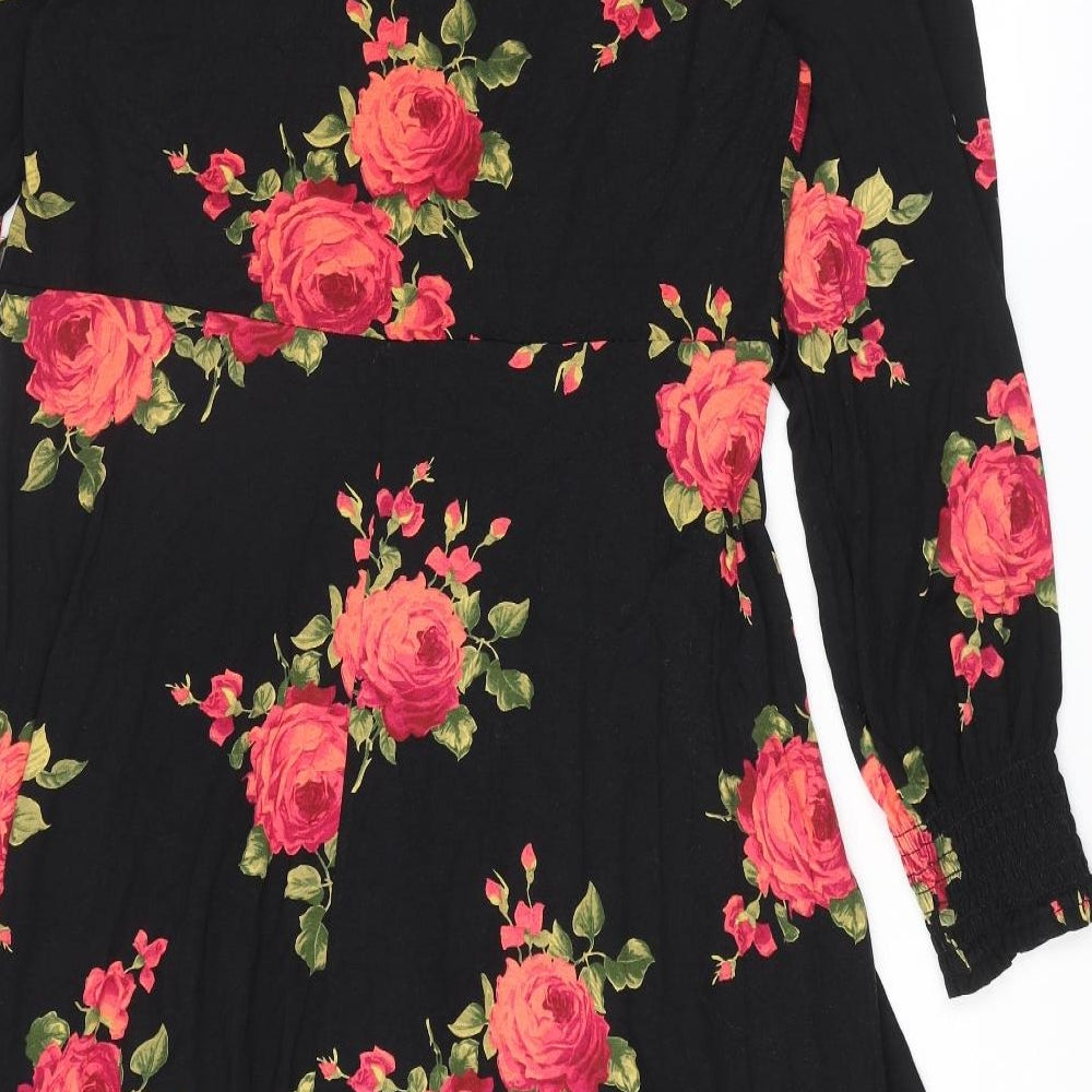 M&Co Womens Black Floral Viscose A-Line Size 14 V-Neck Pullover