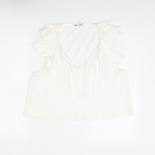 Zara Womens White Polyester Camisole Blouse Size L V-Neck - Frill