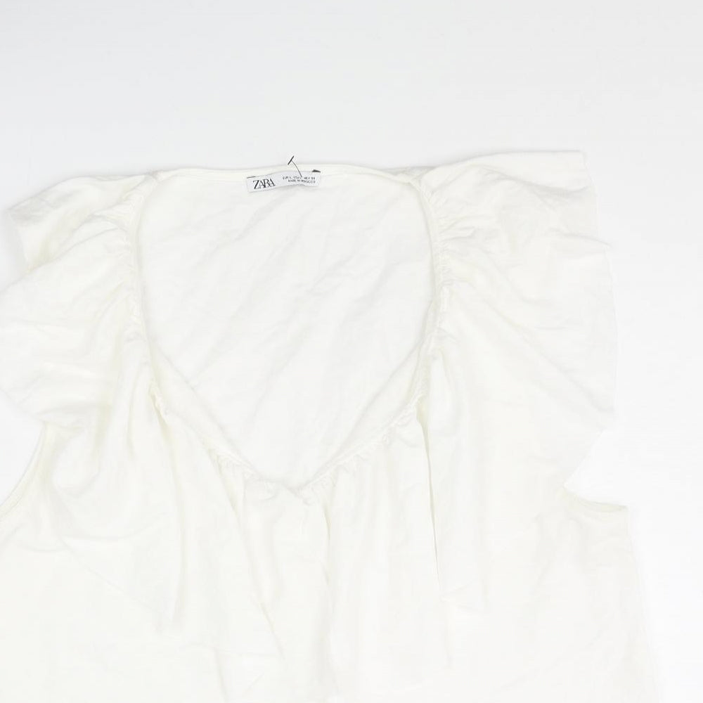 Zara Womens White Polyester Camisole Blouse Size L V-Neck - Frill