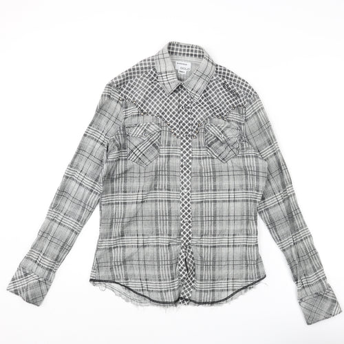 Energie Mens Grey Check Cotton Button-Up Size S Collared Snap - Raw Hem Detail