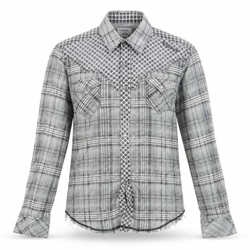 Energie Mens Grey Check Cotton Button-Up Size S Collared Snap - Raw Hem Detail