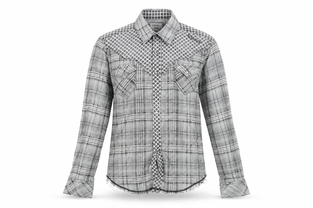 Energie Mens Grey Check Cotton Button-Up Size S Collared Snap - Raw Hem Detail