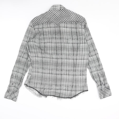 Energie Mens Grey Check Cotton Button-Up Size S Collared Snap - Raw Hem Detail