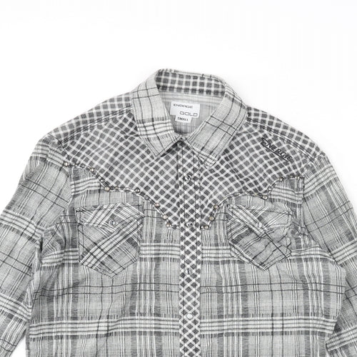 Energie Mens Grey Check Cotton Button-Up Size S Collared Snap - Raw Hem Detail