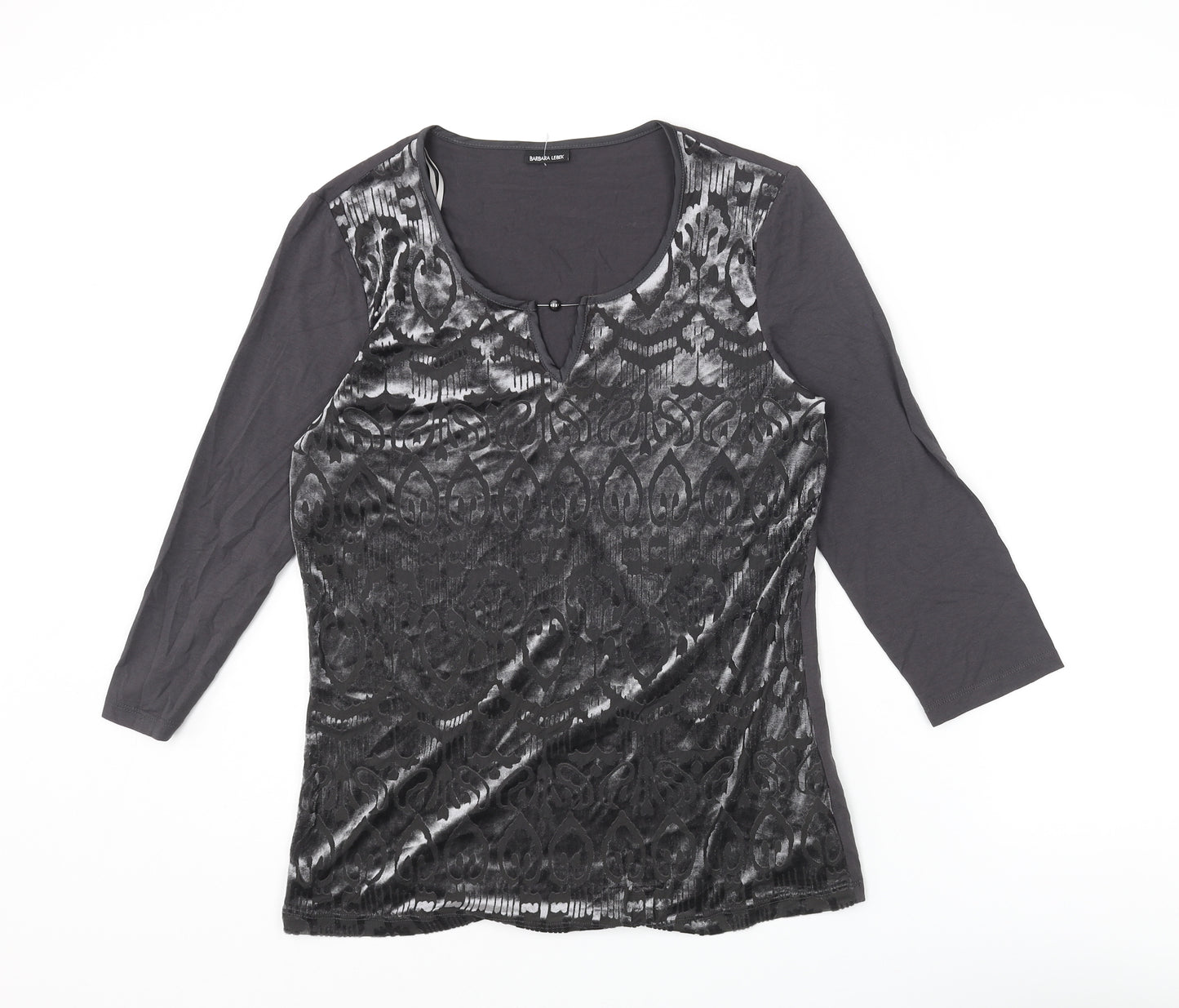 Barbara Lebek Womens Grey Geometric Viscose Basic T-Shirt Size 12 Round Neck