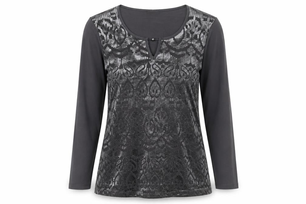 Front view of Barbara Lebek women’s grey geometric viscose basic t-shirt, size UK 12, round neck