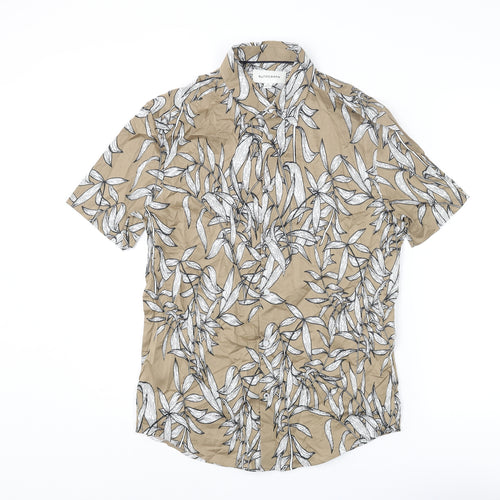 Autograph Mens Brown Geometric Cotton Button-Up Size S Collared Button - Leaf Pattern
