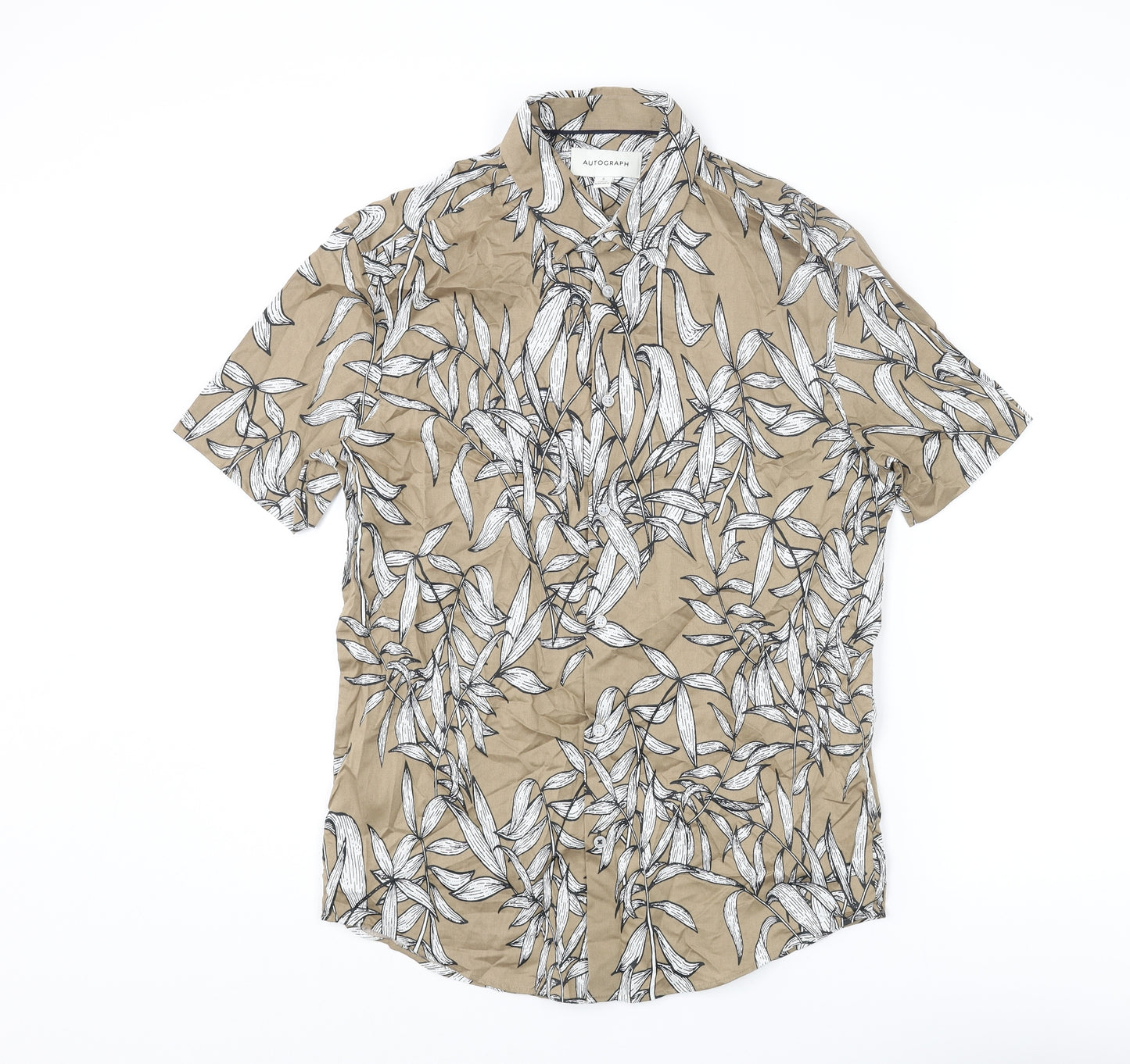 Autograph Mens Brown Geometric Cotton Button-Up Size S Collared Button - Leaf Pattern
