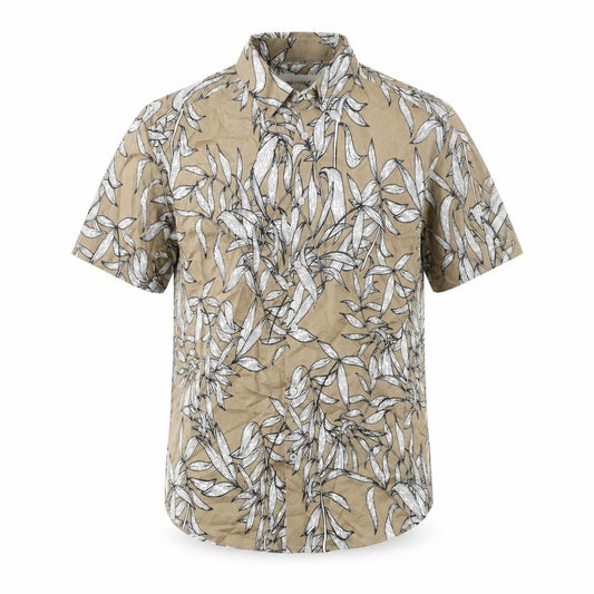 Front view of Autograph men’s brown geometric cotton button-up, size S, collared button - leaf pattern