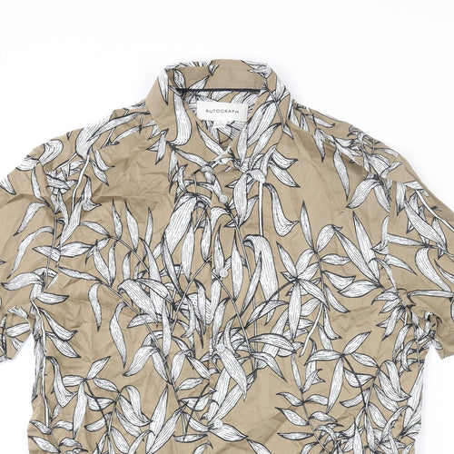 Autograph Mens Brown Geometric Cotton Button-Up Size S Collared Button - Leaf Pattern