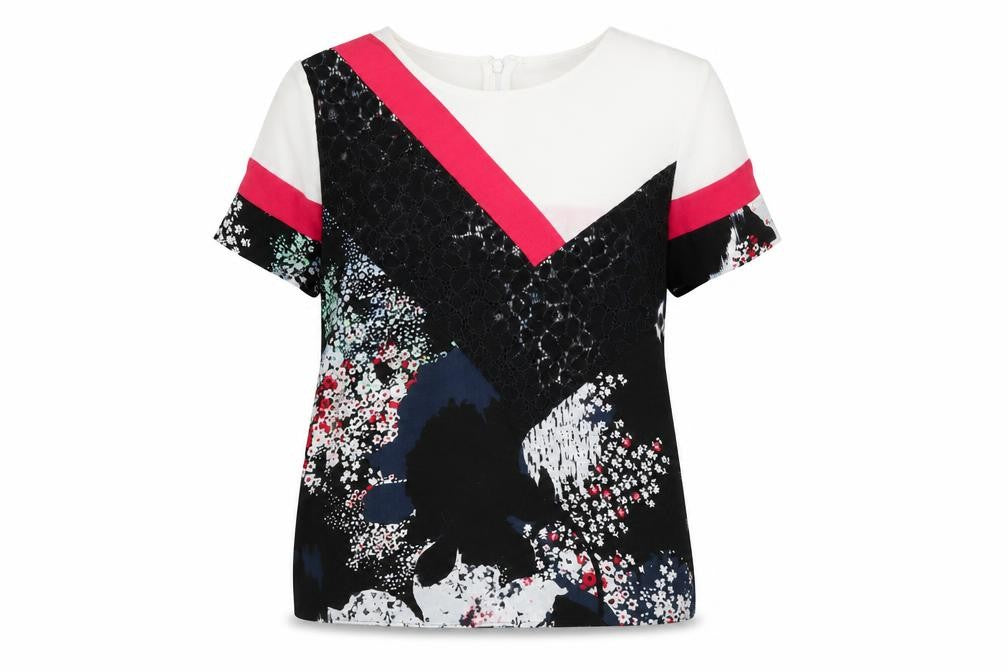 Front view of Next women’s multicoloured floral polyester basic t-shirt, size UK 6, round neck